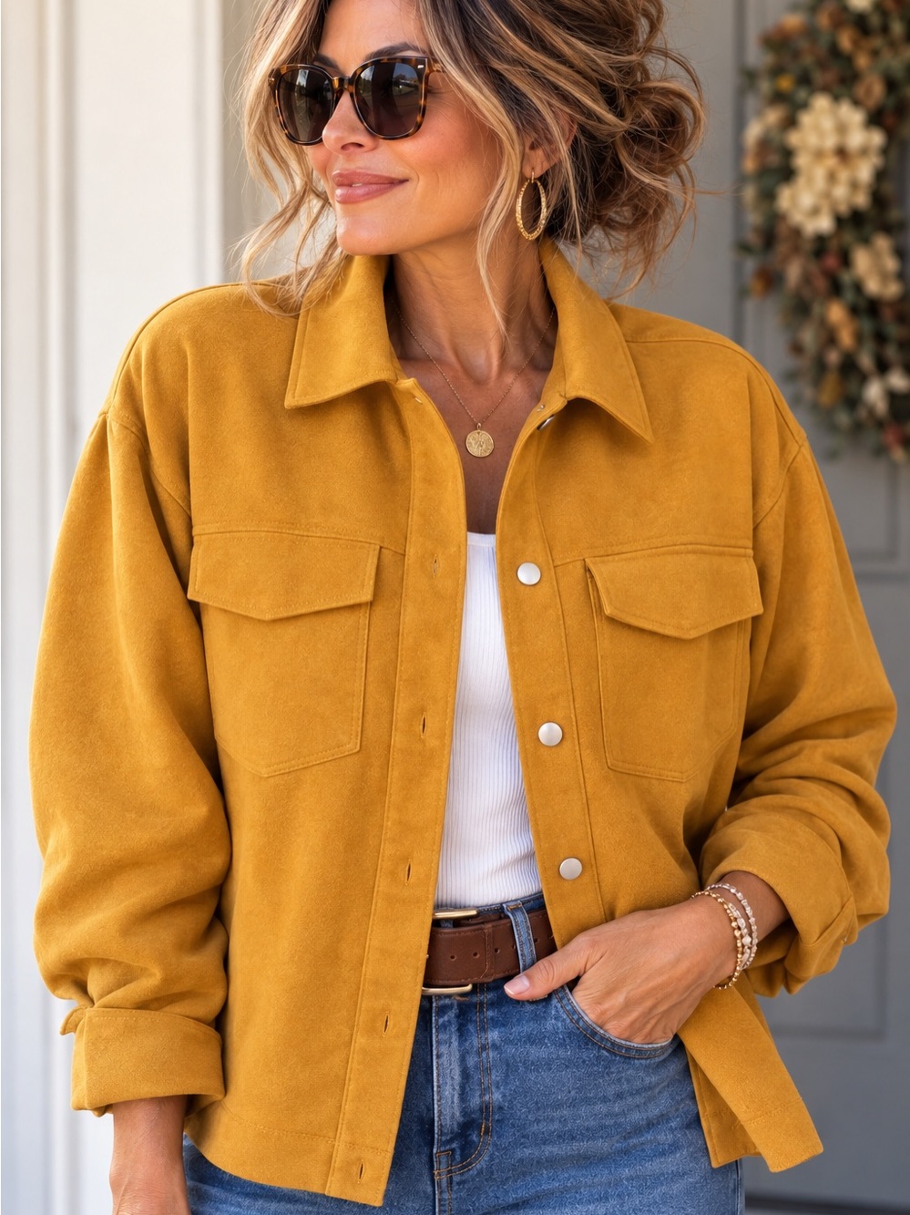 Mustard Faux Suede Snap-Front, relaxed,boxy straight cut Jacket -  XL